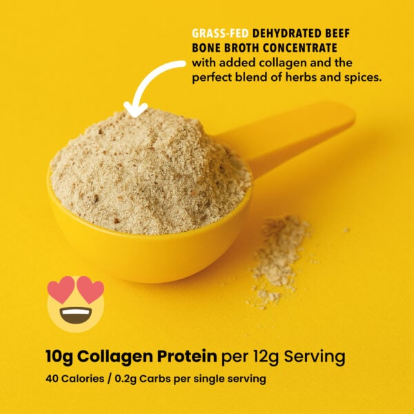 Yellow scoop filled with HEBA grass-fed beef bone broth powder, a banting-approved, diabetic-friendly high-collagen protein supplement with 10g collagen per serving and 1.3g net carbs per 100g