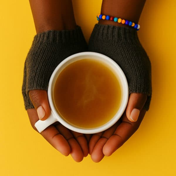 A warm cup of HEBA Beef Bone Broth held by gloved south african hands with a beaded bracelet, against a bold yellow background — rich in collagen, clean protein, and comfort for keto and fasting lifestyles.