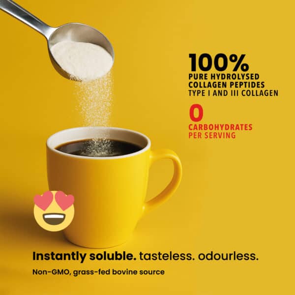 Metal scoop pouring HEBA pure hydrolysed collagen powder into a yellow mug of black coffee, highlighting keto-friendly protein with 0 carbs, Type I & III collagen, and instant solubility from a grass-fed, non-GMO bovine source.