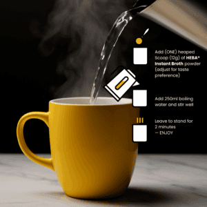 HEBA instant bone broth preparation steps showing how to mix one scoop of high-protein broth powder, rich in collagen with boiling water, stir, and enjoy. Keto-friendly, low-carb light meal option beef bone broth in a cup, gut health and hydration.