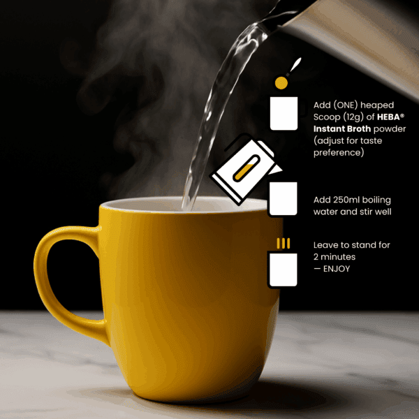 HEBA instant bone broth preparation steps showing how to mix one scoop of high-protein broth powder, rich in collagen with boiling water, stir, and enjoy. Keto-friendly, low-carb light meal option beef bone broth in a cup, gut health and hydration.