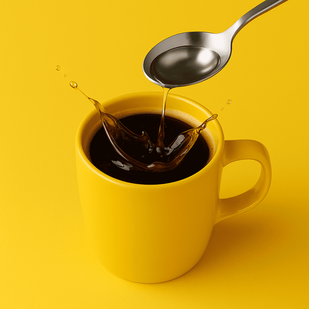 heba-mct-oil-in-yellow-mug-keto-coffee-healthy-fat-energy Top-down view of a stainless steel spoon pouring clear MCT oil into a yellow ceramic mug of coffee, illustrating clean ketogenic energy and healthy fat absorption.