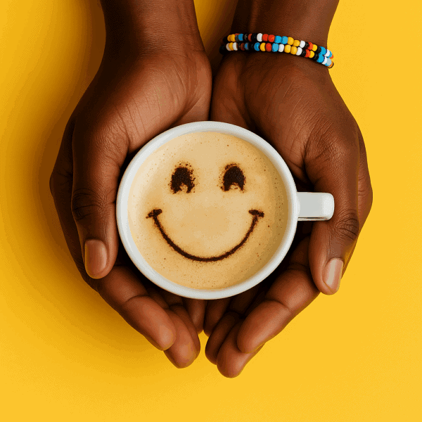 A cup of bulletproof coffee with a smiley face in the foam, held in african hands wearing beaded bracelets, on a vibrant yellow background — symbolising clean energy, focus, and the benefits of HEBA MCT oil.