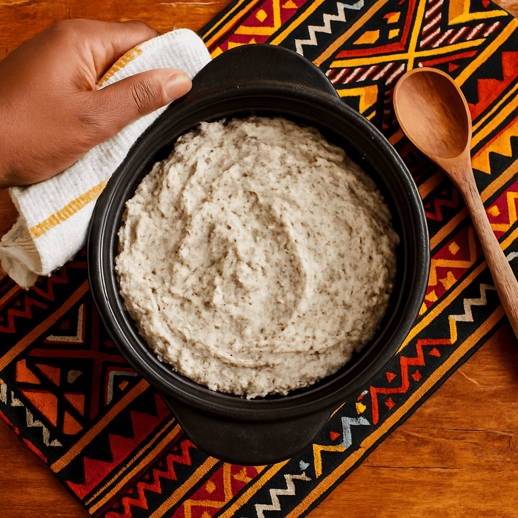 HEBA® Pap, a low-carb South African maize-free porridge, served in a black pot on traditional patterned fabric with a wooden spoon and a hand holding the pot with a towel.