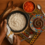 Overhead view of HEBA® Pap served in a black pot, accompanied by chakalaka relish and grilled boerewors on a vibrant South African cloth with wooden utensils — a wholesome low-carb twist on a traditional Mzansi favourite.