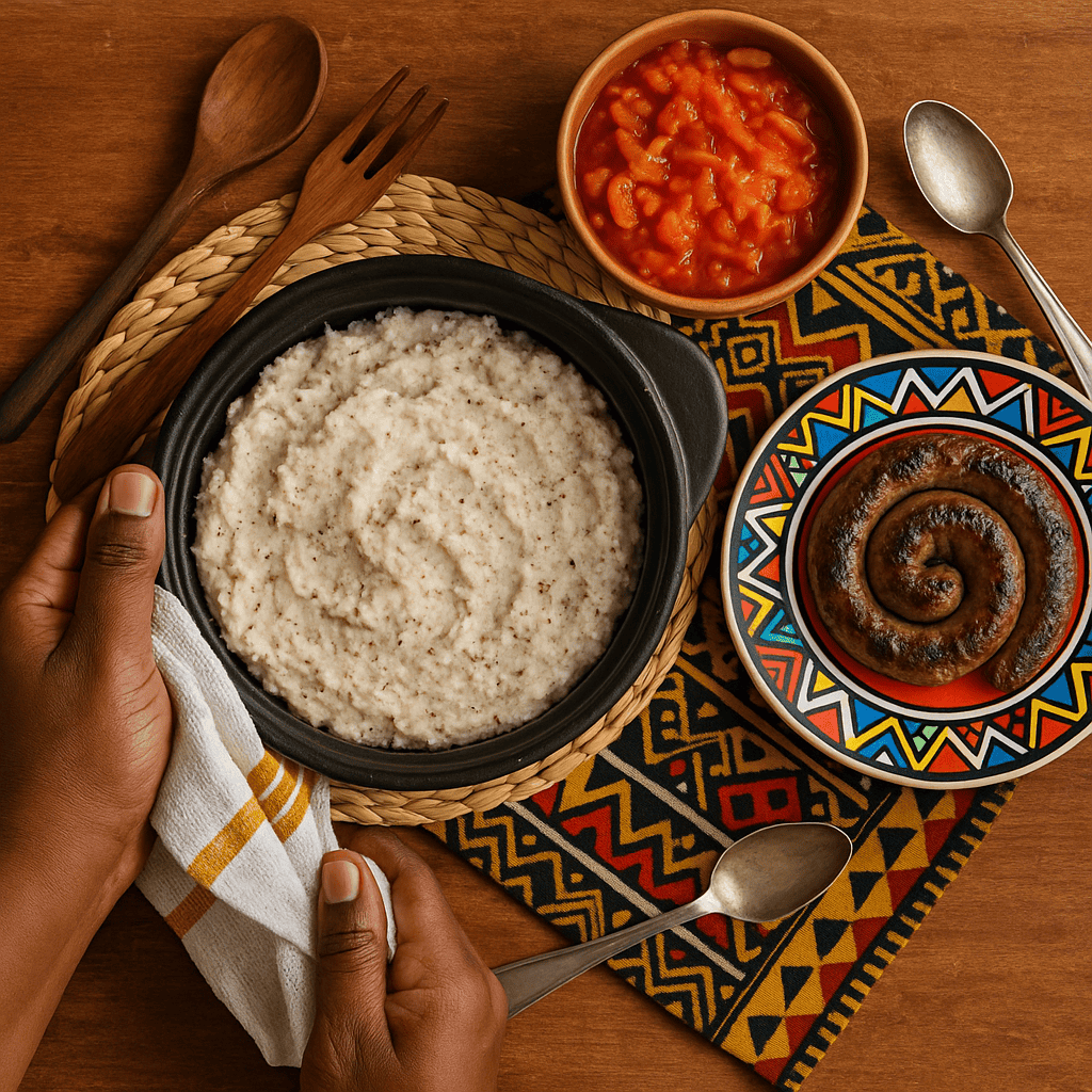 Overhead view of HEBA® Pap served in a black pot, accompanied by chakalaka relish and grilled boerewors on a vibrant South African cloth with wooden utensils — a wholesome low-carb twist on a traditional Mzansi favourite.