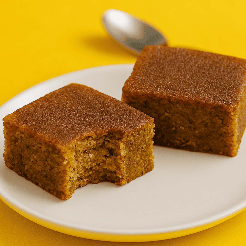 Two HEBA® Snickerdoodle blondies on a white plate with a stainless steel spoon in the background, set against a vibrant yellow countertop. One blondie has a bite taken out, revealing its soft, cinnamon-sugar crumb and rich texture.