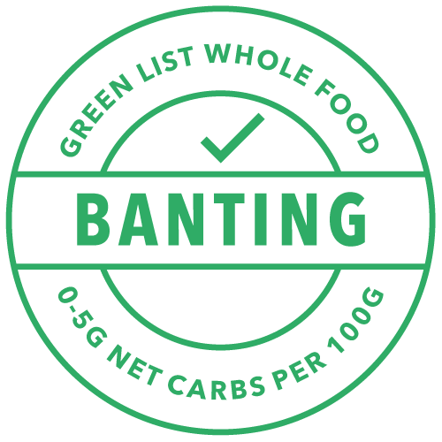 HEBA Banting Green List badge indicating products with maximum 5g net carbs per 100g. Suitable for low-carb, keto, and diabetic-friendly diets. Approved whole food icon.