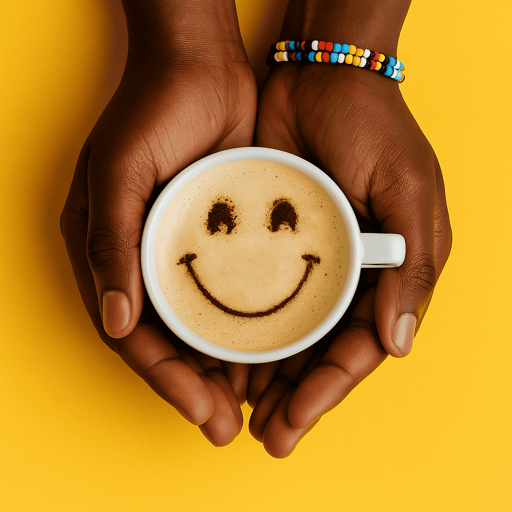 A cup of bulletproof coffee with a smiley face in the foam, held in african hands wearing beaded bracelets, on a vibrant yellow background — symbolising clean energy, focus, and the benefits of HEBA MCT oil.